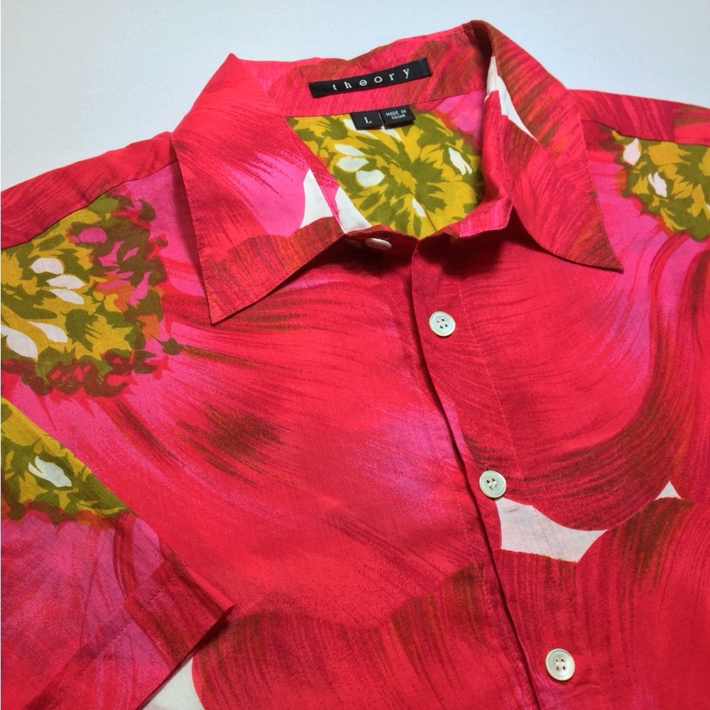 Theory Mens L Abstract Floral Hawaiian Short Sleeve Shirt Red Cotton